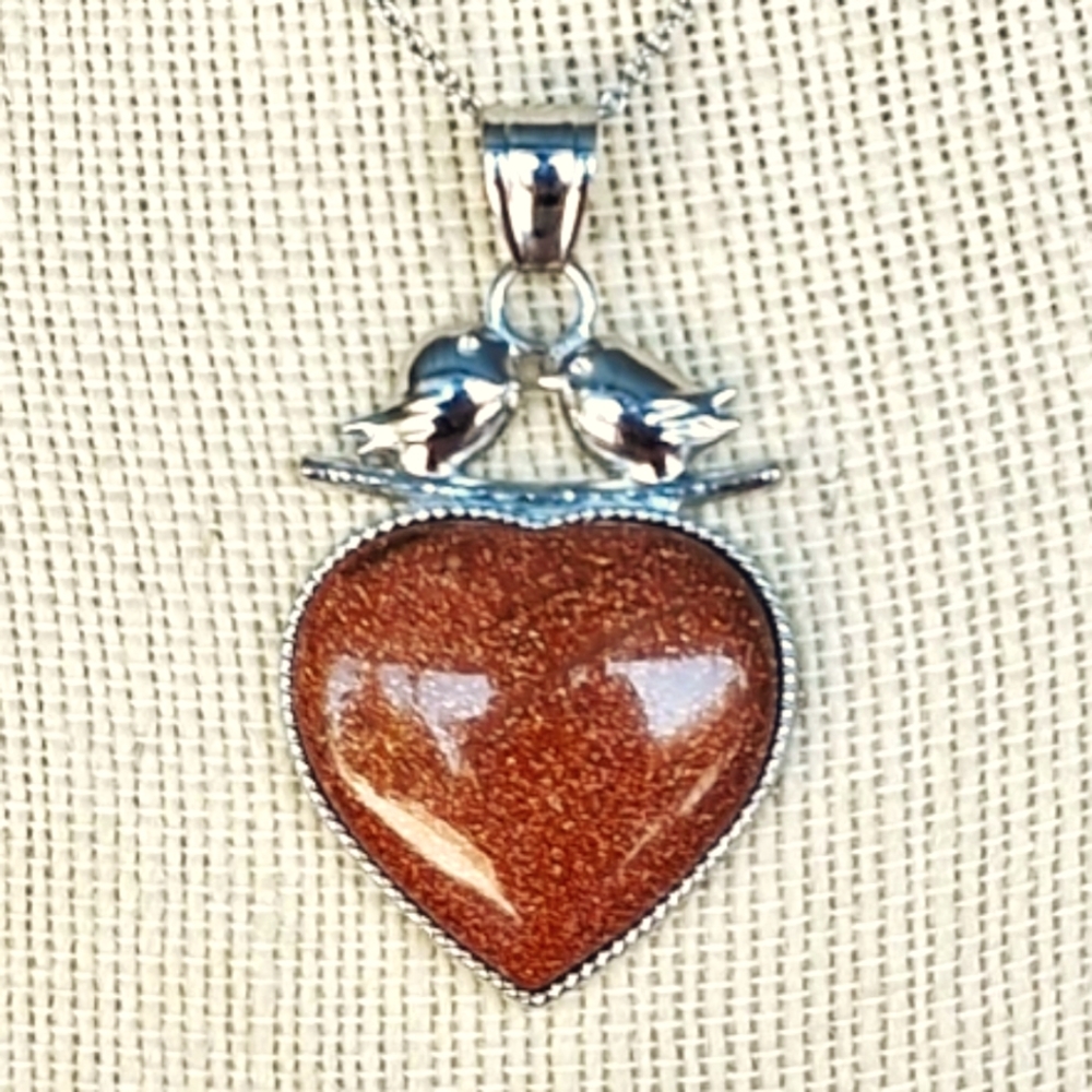 48 ctw Heart Shape Goldstone Lovebird Pendant in Stainless Steel with 20" Chain